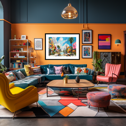 Colourful, Edgy Miami Lounge, Featuring our Wynwood Framed & Mounted Art