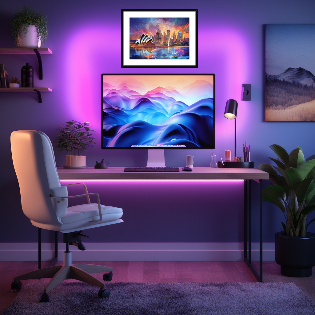 Home office goals with mood lighting and our Sydney Colour Blast Mounted Frame
